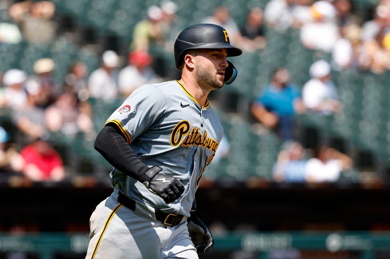 Jul 14, 2024; Chicago, Illinois, USA; Pittsburgh Pirates catcher Joey Bart (14) rounds the bases after hitting a three-run home run against the Chicago White Sox during the fourth inning at Guaranteed Rate Field. Mandatory Credit: Kamil Krzaczynski-USA TODAY Sports