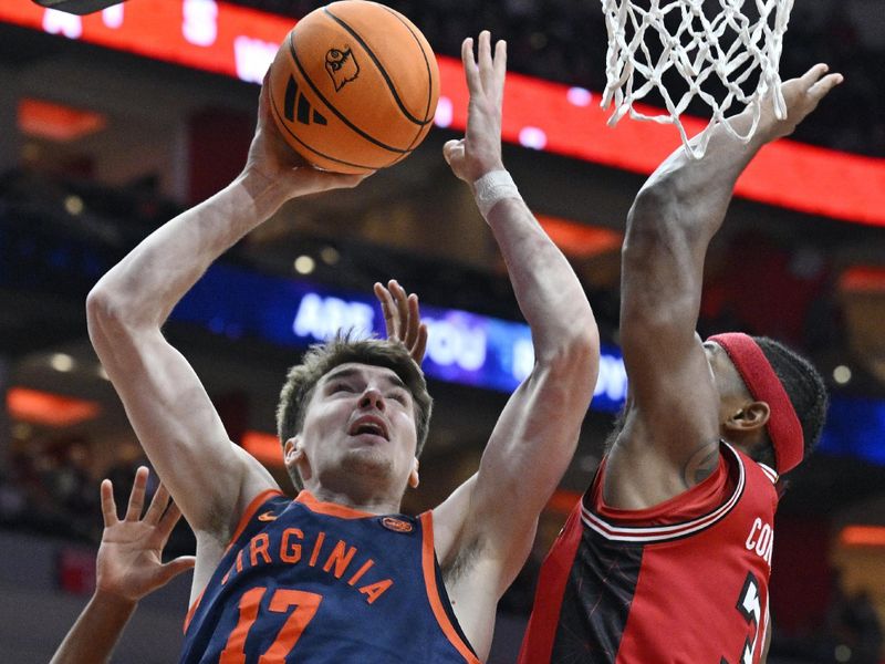 Jan 13, 2026; Louisville, Kentucky, USA;  Virginia Cavaliers center Johann Gruenloh (17) shoots against Louisville Cardinals guard Ryan Conwell (3) during the first half at KFC Yum! Center. Mandatory Credit: Jamie Rhodes-Imagn Images