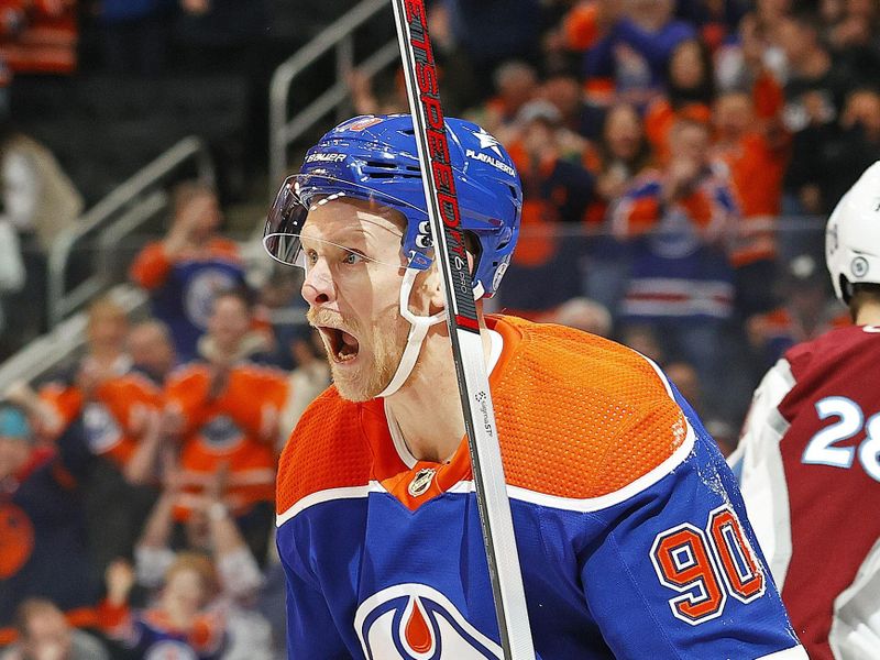 Apr 5, 2024; Edmonton, Alberta, CAN; Edmonton Oilers forward Corey Perry (90) celebrates after scoring a goal during the first period against the Colorado Avalanche at Rogers Place. Mandatory Credit: Perry Nelson-USA TODAY Sports