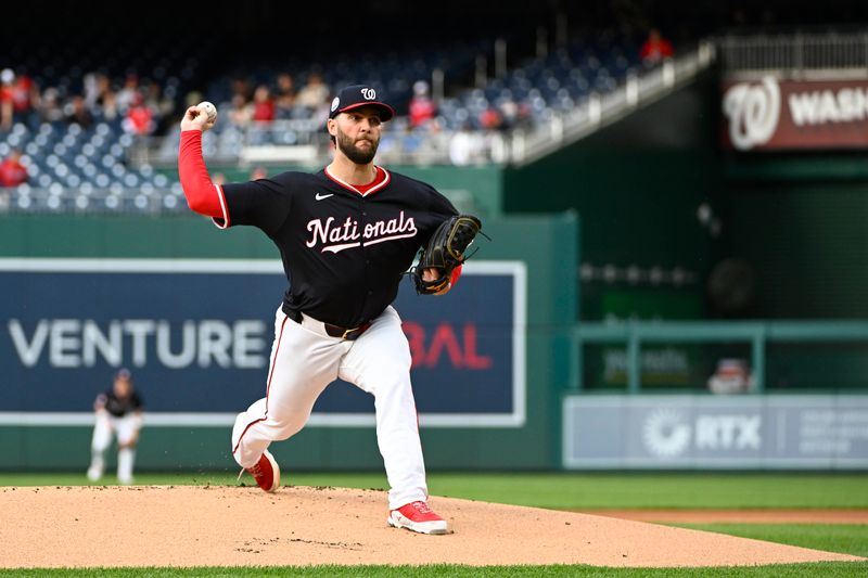 May 22, 2025; Washington, District of Columbia, USA; Washington Nationals pitcher Trevor Williams (32) throws to the Atlanta Braves during the first inning at Nationals Park. Mandatory Credit: Brad Mills-Imagn Images