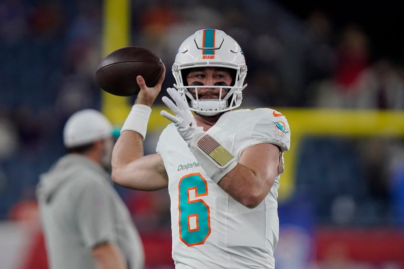 Miami Dolphins quarterback Skylar Thompson (6) warms up before an NFL football game against the New England Patriots, Sunday, Sept. 17, 2023, in Foxborough, Mass. (AP Photo/Steven Senne)