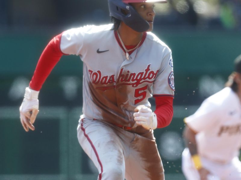 Sep 14, 2023; Pittsburgh, Pennsylvania, USA;  Washington Nationals shortstop CJ Abrams (5) takes a lead off of second base against the Pittsburgh Pirates during the first inning at PNC Park. Mandatory Credit: Charles LeClaire-USA TODAY Sports