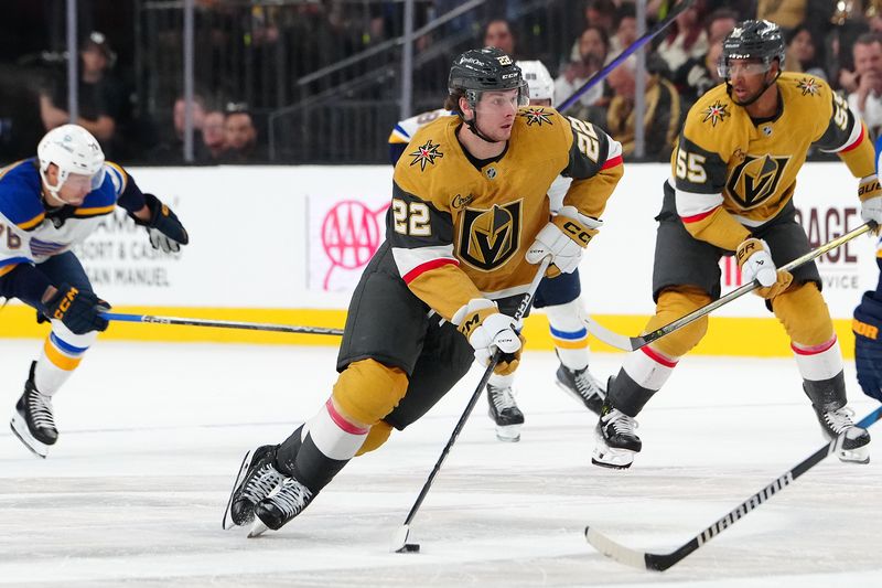 Oct 11, 2024; Las Vegas, Nevada, USA; Vegas Golden Knights right wing Cole Schwindt (22) skates against the St. Louis Blues during the second period at T-Mobile Arena. Mandatory Credit: Stephen R. Sylvanie-Imagn Images