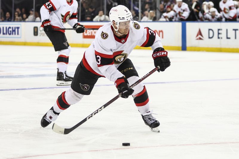 Nov 1, 2024; New York, New York, USA;  Ottawa Senators defenseman Nick Jensen (3) attempts a shot on goal in the third period against the New York Rangers at Madison Square Garden. Mandatory Credit: Wendell Cruz-Imagn Images