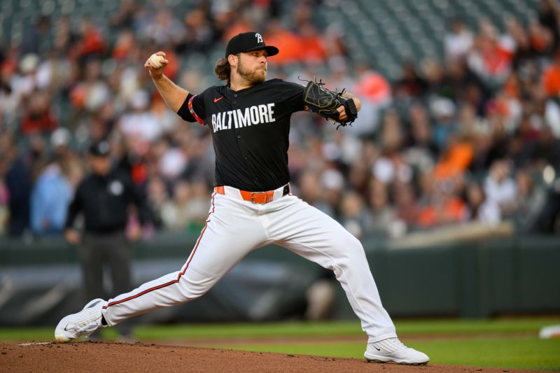 Apr 26, 2024; Baltimore, Maryland, USA; Baltimore Orioles pitcher Corbin Burnes (39) throws a pitch during the first inning against the Oakland Athletics at Oriole Park at Camden Yards. Mandatory Credit: Reggie Hildred-USA TODAY Sports