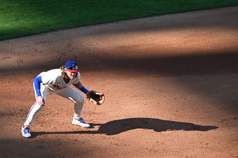 Sep 28, 2025; Philadelphia, Pennsylvania, USA; Philadelphia Phillies third base Alec Bohm (28) during the sixth inning against the Minnesota Twins at Citizens Bank Park. Mandatory Credit: Eric Hartline-Imagn Images