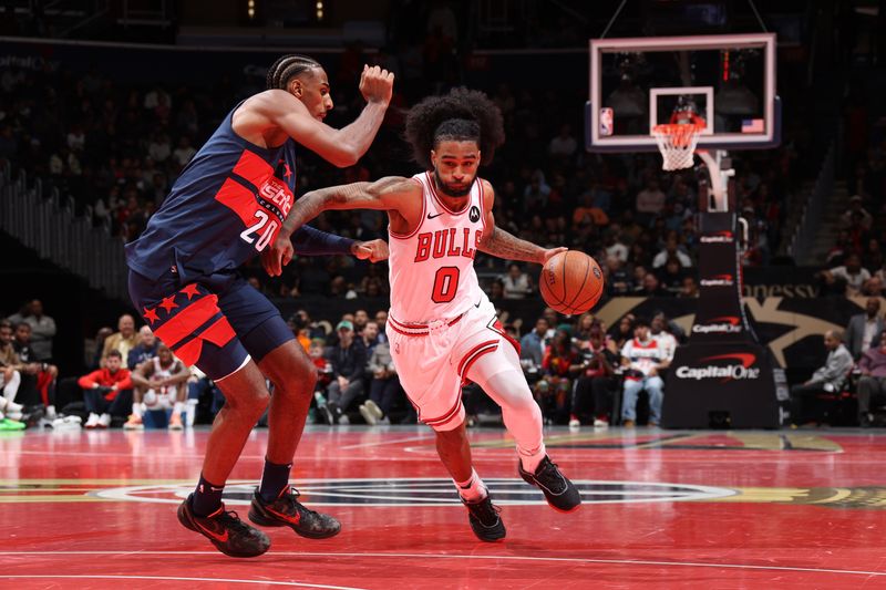 WASHINGTON, DC -? NOVEMBER 26: Coby White #0 of the Chicago Bulls dribbles the ball during the game against the Washington Wizards during the Emirates NBA Cup game on November 26, 2024 at Capital One Arena in Washington, DC. NOTE TO USER: User expressly acknowledges and agrees that, by downloading and or using this Photograph, user is consenting to the terms and conditions of the Getty Images License Agreement. Mandatory Copyright Notice: Copyright 2024 NBAE (Photo by Stephen Gosling/NBAE via Getty Images)