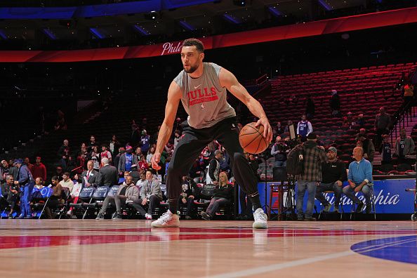 PHILADELPHIA, PA - DECEMBER 18: Zach LaVine #8 of the Chicago Bulls warms up before the game against the Philadelphia 76ers on December 18, 2023 at the Wells Fargo Center in Philadelphia, Pennsylvania NOTE TO USER: User expressly acknowledges and agrees that, by downloading and/or using this Photograph, user is consenting to the terms and conditions of the Getty Images License Agreement. Mandatory Copyright Notice: Copyright 2023 NBAE (Photo by Jesse D. Garrabrant/NBAE via Getty Images)