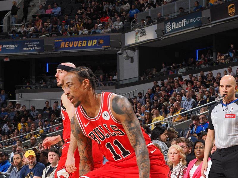 INDIANAPOLIS, IN - MARCH 13:  DeMar DeRozan #11 of the Chicago Bulls handles the ball during the game  on March 13, 2024 at Gainbridge Fieldhouse in Indianapolis, Indiana. NOTE TO USER: User expressly acknowledges and agrees that, by downloading and or using this Photograph, user is consenting to the terms and conditions of the Getty Images License Agreement. Mandatory Copyright Notice: Copyright 2024 NBAE (Photo by Ron Hoskins/NBAE via Getty Images)