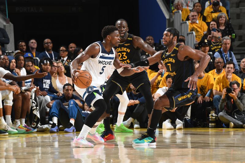 SAN FRANCISCO, CA - MAY 12: Anthony Edwards #5 of the Minnesota Timberwolves drives to the basket during the game against the Golden State Warriors during Round Two Game Four of the 2025 NBA Playoffs on MAY 12, 2025 at Chase Center in San Francisco, California. NOTE TO USER: User expressly acknowledges and agrees that, by downloading and or using this photograph, user is consenting to the terms and conditions of Getty Images License Agreement. Mandatory Copyright Notice: Copyright 2025 NBAE (Photo by Noah Graham/NBAE via Getty Images)