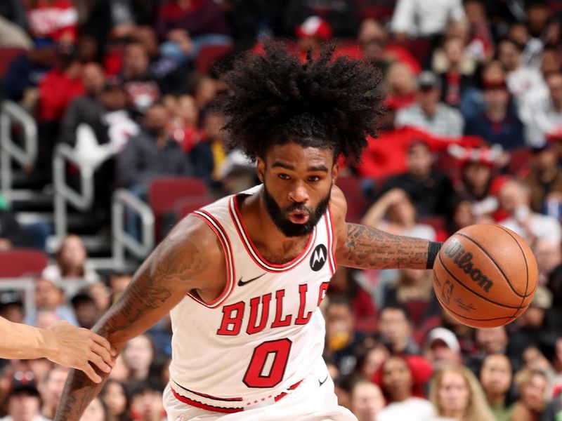 CHICAGO, IL - OCTOBER 19: Coby White #0 of the Chicago Bulls dribbles the ball during the game against the Minnesota Timberwolves on October 19, 2023 at United Center in Chicago, Illinois. NOTE TO USER: User expressly acknowledges and agrees that, by downloading and or using this photograph, User is consenting to the terms and conditions of the Getty Images License Agreement. Mandatory Copyright Notice: Copyright 2023 NBAE (Photo by Jeff Haynes/NBAE via Getty Images)