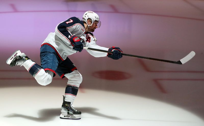 Jan 7, 2025; Pittsburgh, Pennsylvania, USA; Columbus Blue Jackets center Sean Kuraly (7) takes the ice to warm up against the Pittsburgh Penguins at PPG Paints Arena. Mandatory Credit: Charles LeClaire-Imagn Images