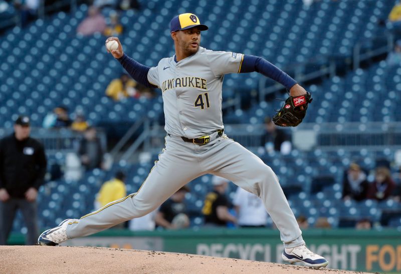 Apr 22, 2024; Pittsburgh, Pennsylvania, USA;  Milwaukee Brewers starting pitcher Joe Ross (41) delivers pitch against he Pittsburgh Pirates during the first inning at PNC Park. Mandatory Credit: Charles LeClaire-USA TODAY Sports