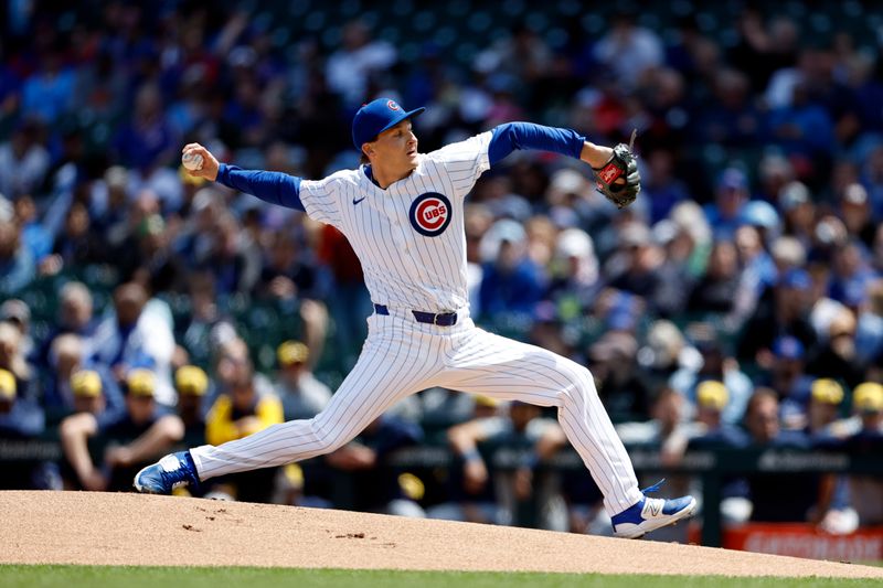 May 3, 2024; Chicago, Illinois, USA; Chicago Cubs starting pitcher Hayden Wesneski (19) delivers a pitch against the Milwaukee Brewers during the first inning at Wrigley Field. Mandatory Credit: Kamil Krzaczynski-USA TODAY Sports