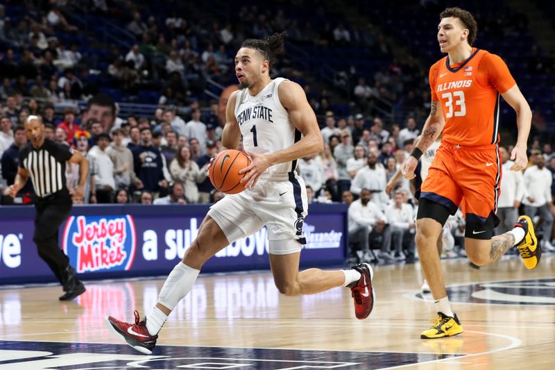 Feb 14, 2023; University Park, Pennsylvania, USA; Penn State Nittany Lions guard/forward Seth Lundy (1) dribbles the ball on a break away during the first half against the Illinois Fighting Illini at Bryce Jordan Center. Mandatory Credit: Matthew OHaren-USA TODAY Sports