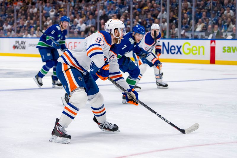 May 10, 2024; Vancouver, British Columbia, CAN; Edmonton Oilers forward Connor McDavid (97) handles the puck against the Vancouver Canucks during the second period in game two of the second round of the 2024 Stanley Cup Playoffs at Rogers Arena. Mandatory Credit: Bob Frid-USA TODAY Sports