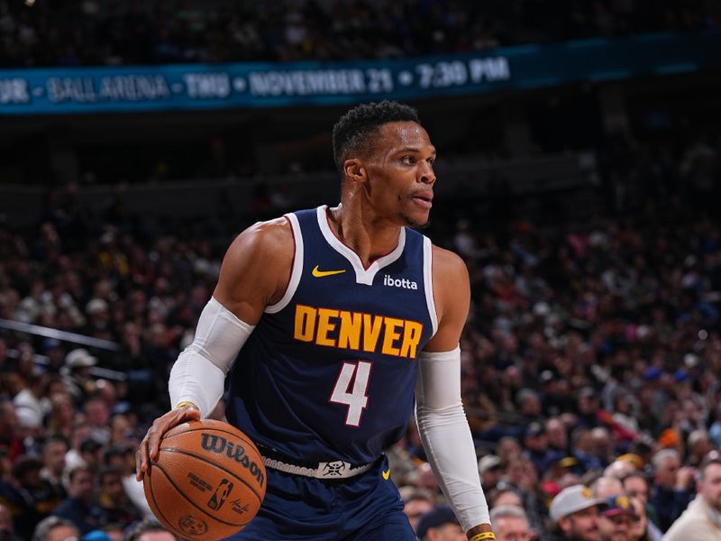 DENVER, CO - NOVEMBER 6:  Russell Westbrook #4 of the Denver Nuggets dribbles the ball during the game against the Oklahoma City Thunder during a regular season game on November 6, 2024 at Ball Arena in Denver, Colorado. NOTE TO USER: User expressly acknowledges and agrees that, by downloading and/or using this Photograph, user is consenting to the terms and conditions of the Getty Images License Agreement. Mandatory Copyright Notice: Copyright 2024 NBAE (Photo by Bart Young/NBAE via Getty Images)