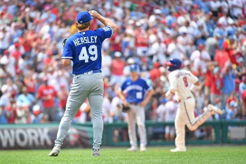 Aug 6, 2023; Philadelphia, Pennsylvania, USA; Kansas City Royals relief pitcher Jonathan Heasley (49) reacts after allowing a home run to Philadelphia Phillies right fielder Nick Castellanos (8) during the fifth inning at Citizens Bank Park. Mandatory Credit: Eric Hartline-USA TODAY Sports