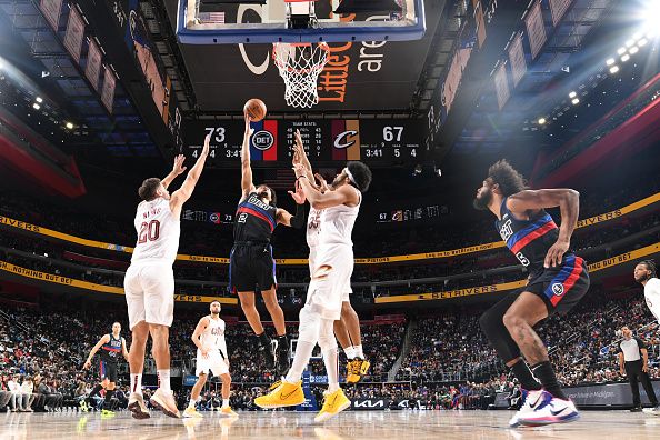 DETROIT, MI - DECEMBER 2: Cade Cunningham #2 of the Detroit Pistons goes to the basket during the game on December 2, 2023 at Little Caesars Arena in Detroit, Michigan. NOTE TO USER: User expressly acknowledges and agrees that, by downloading and/or using this photograph, User is consenting to the terms and conditions of the Getty Images License Agreement. Mandatory Copyright Notice: Copyright 2023 NBAE (Photo by Chris Schwegler/NBAE via Getty Images)