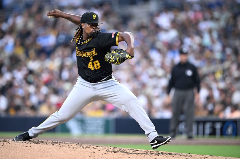 Aug 13, 2024; San Diego, California, USA; Pittsburgh Pirates starting pitcher Luis Ortiz (48) pitches against the San Diego Padres during the second inning at Petco Park. Mandatory Credit: Orlando Ramirez-USA TODAY Sports