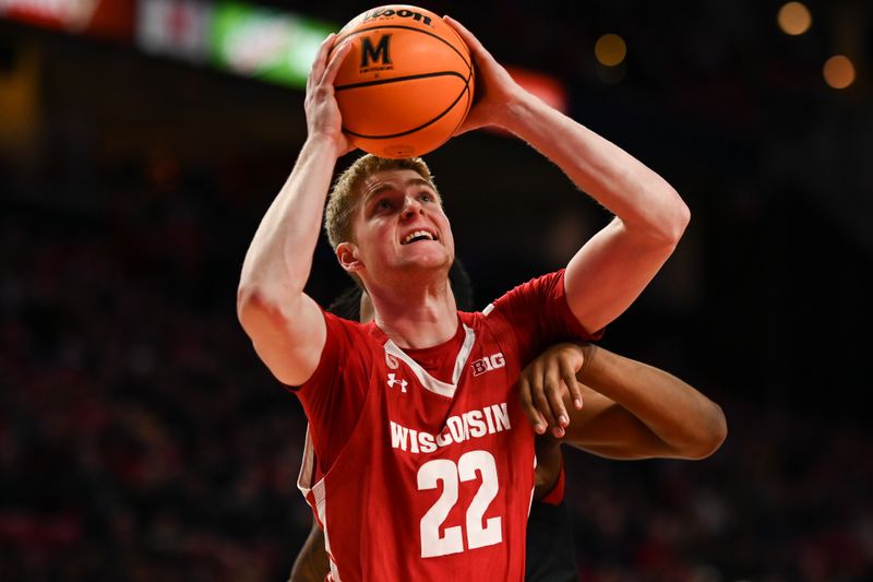 Jan 25, 2023; College Park, Maryland, USA;  Wisconsin Badgers forward Steven Crowl (22) looks to shoot during the first half against the Maryland Terrapins at Xfinity Center. Mandatory Credit: Tommy Gilligan-USA TODAY Sports