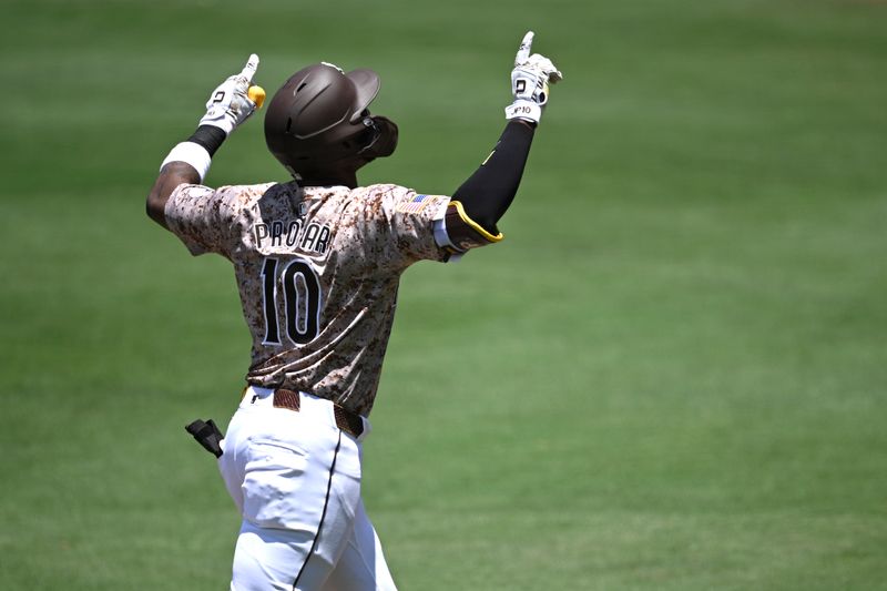 Jul 7, 2024; San Diego, California, USA; San Diego Padres left fielder Jurickson Profar (10) rounds the bases after hitting a home run against the Arizona Diamondbacks during the first inning at Petco Park. Mandatory Credit: Orlando Ramirez-USA TODAY Sports