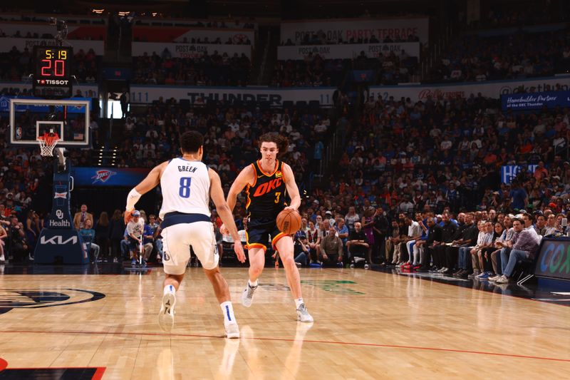 OKLAHOMA CITY, OK - APRIL 14: Josh Giddey #3 of the Oklahoma City Thunder dribbles the ball during the game against the Dallas Mavericks  on April 14, 2024 at Paycom Arena in Oklahoma City, Oklahoma. NOTE TO USER: User expressly acknowledges and agrees that, by downloading and or using this photograph, User is consenting to the terms and conditions of the Getty Images License Agreement. Mandatory Copyright Notice: Copyright 2024 NBAE (Photo by Zach Beeker/NBAE via Getty Images)