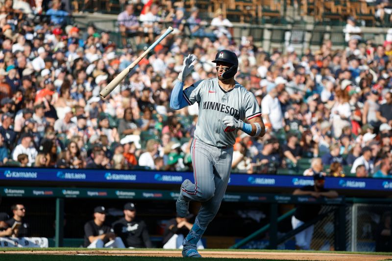 Jul 27, 2024; Detroit, Michigan, USA; Minnesota Twins designated hitter Royce Lewis (23) hits hits a home run in the first inning against the Detroit Tigers at Comerica Park. Mandatory Credit: Brian Bradshaw Sevald-USA TODAY Sports