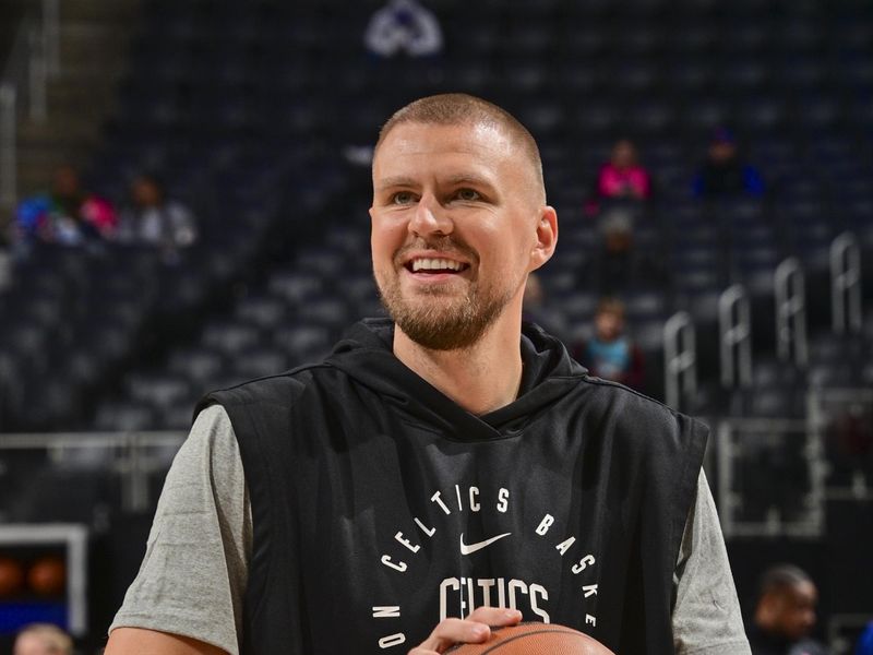 DETROIT, MI - OCTOBER 26: Kristaps Porzingis #8 of the Boston Celtics warms up before the game on October 26, 2024 at Little Caesars Arena in Detroit, Michigan. NOTE TO USER: User expressly acknowledges and agrees that, by downloading and/or using this photograph, User is consenting to the terms and conditions of the Getty Images License Agreement. Mandatory Copyright Notice: Copyright 2024 NBAE (Photo by Chris Schwegler/NBAE via Getty Images)