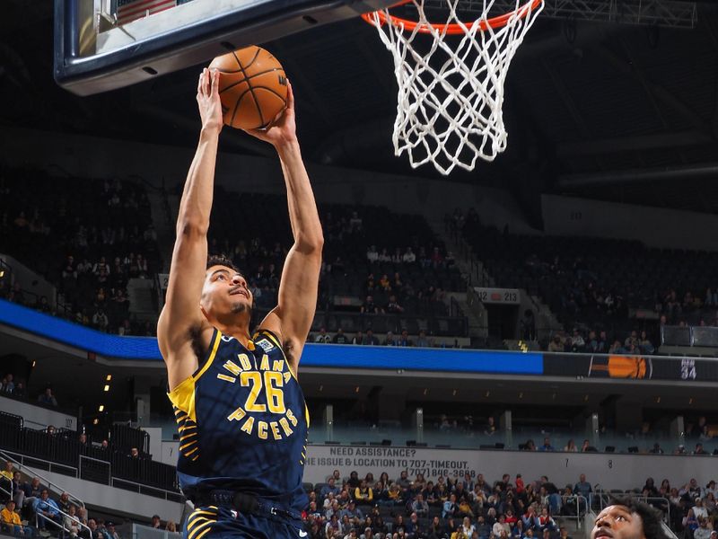 INDIANAPOLIS, IN - FEBRUARY 22:  Ben Sheppard #26 of the Indiana Pacers  goes to the basket during the game on February 22, 2024 at Gainbridge Fieldhouse in Indianapolis, Indiana. NOTE TO USER: User expressly acknowledges and agrees that, by downloading and or using this Photograph, user is consenting to the terms and conditions of the Getty Images License Agreement. Mandatory Copyright Notice: Copyright 2024 NBAE (Photo by Ron Hoskins/NBAE via Getty Images)