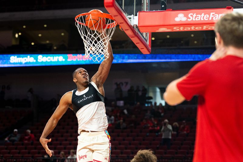 Feb 17, 2024; Lincoln, Nebraska, USA; Nebraska Cornhuskers forward Blaise Keita (15) warms up before the game against the Penn State Nittany Lions at Pinnacle Bank Arena. Mandatory Credit: Dylan Widger-USA TODAY Sports