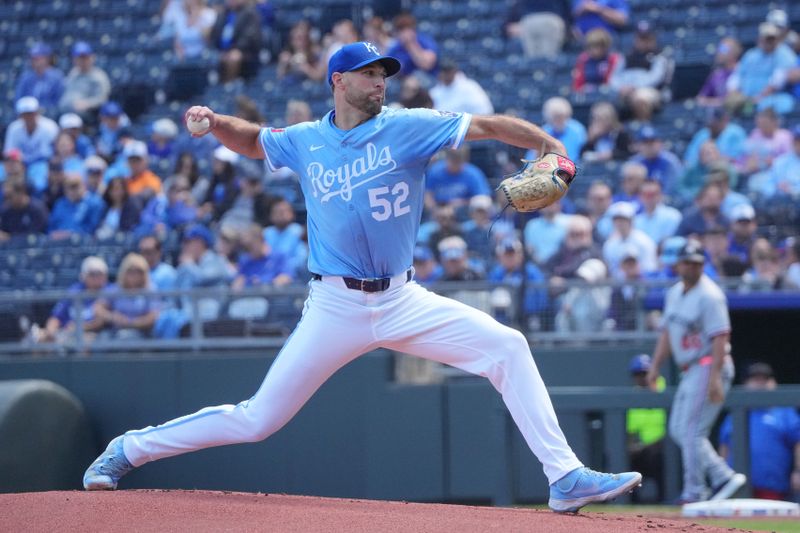 Apr 10, 2025; Kansas City, Missouri, USA; Kansas City Royals starting pitcher Michael Wacha (52) delivers a pitch against the Minnesota Twins in the first inning at Kauffman Stadium. Mandatory Credit: Denny Medley-Imagn Images
