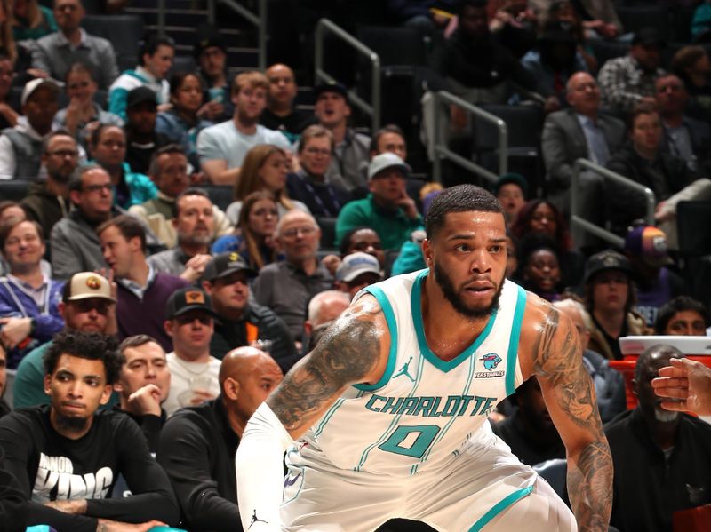 CHARLOTTE, NC - JANUARY 10: Miles Bridges #0 of the Charlotte Hornets dribbles the ball during the game against the Sacramento Kings on January 10, 2024 at Spectrum Center in Charlotte, North Carolina. NOTE TO USER: User expressly acknowledges and agrees that, by downloading and or using this photograph, User is consenting to the terms and conditions of the Getty Images License Agreement. Mandatory Copyright Notice: Copyright 2024 NBAE (Photo by Kent Smith/NBAE via Getty Images)