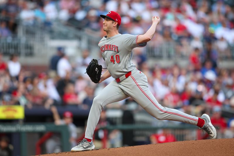 May 8, 2025; Atlanta, Georgia, USA; Cincinnati Reds starting pitcher Nick Lodolo (40) throws against the Atlanta Braves in the first inning at Truist Park. Mandatory Credit: Brett Davis-Imagn Images