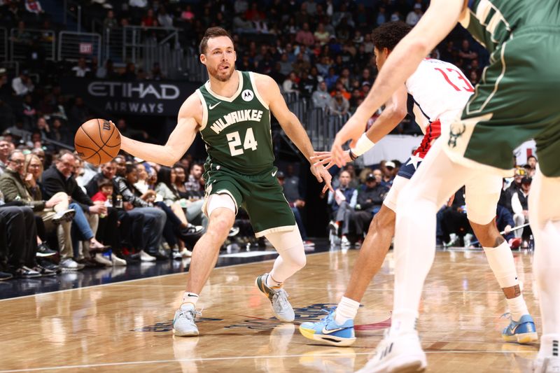 WASHINGTON, DC -? APRIL 2:  Pat Connaughton #24 of the Milwaukee Bucks passes the ball during the game on April 2, 2024 at Capital One Arena in Washington, DC. NOTE TO USER: User expressly acknowledges and agrees that, by downloading and or using this Photograph, user is consenting to the terms and conditions of the Getty Images License Agreement. Mandatory Copyright Notice: Copyright 2024 NBAE (Photo by Kenny Giarla/NBAE via Getty Images)