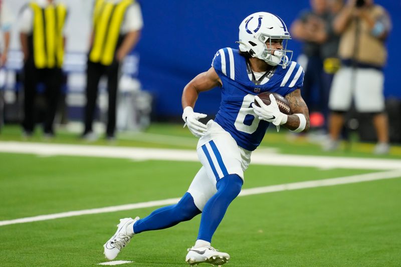 Indianapolis Colts wide receiver Anthony Gould (6) warms up before playing against the Denver Broncos in a preseason NFL football game, Sunday, Aug. 11, 2024, in Westfield, Ind. (AP Photo/Darron Cummings)