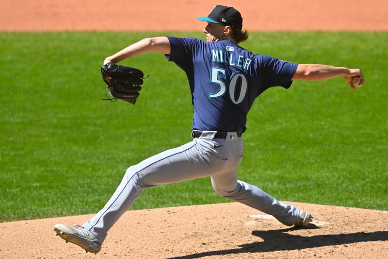 Aug 31, 2025; Cleveland, Ohio, USA; Seattle Mariners starting pitcher Bryce Miller (50) delivers a pitch in the fifth inning against the Cleveland Guardians at Progressive Field. Mandatory Credit: David Richard-Imagn Images