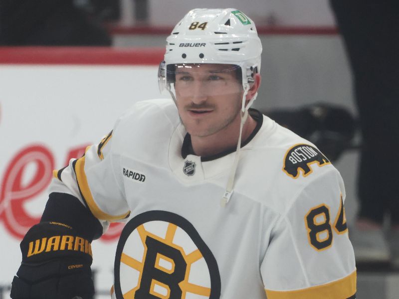 Mar 8, 2026; Pittsburgh, Pennsylvania, USA;  Boston Bruins left wing Tanner Jeannot (84) warms up against the Pittsburgh Penguins at PPG Paints Arena. Mandatory Credit: Charles LeClaire-Imagn Images