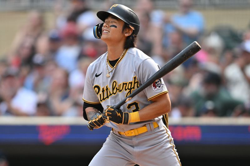 Aug 20, 2023; Minneapolis, Minnesota, USA; Pittsburgh Pirates second baseman Ji Hwan Bae (3) reacts after a strikeout against the Minnesota Twins during the ninth inning at Target Field. Mandatory Credit: Jeffrey Becker-USA TODAY Sports