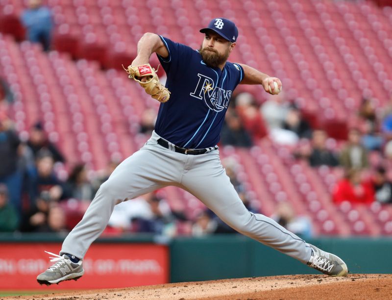 Apr 17, 2023; Cincinnati, Ohio, USA; Tampa Bay Rays starting pitcher Jalen Beeks (68) throws against the Cincinnati Reds during the first inning at Great American Ball Park. Mandatory Credit: David Kohl-USA TODAY Sports