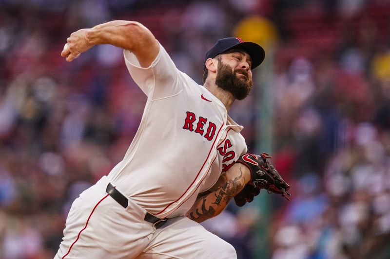 Jun 10, 2025; Boston, Massachusetts, USA; Boston Red Sox pitcher Lucas Giolito (54) throws a pitch against the Tampa Bay Rays in the first inning at Fenway Park. Mandatory Credit: David Butler II-Imagn Images