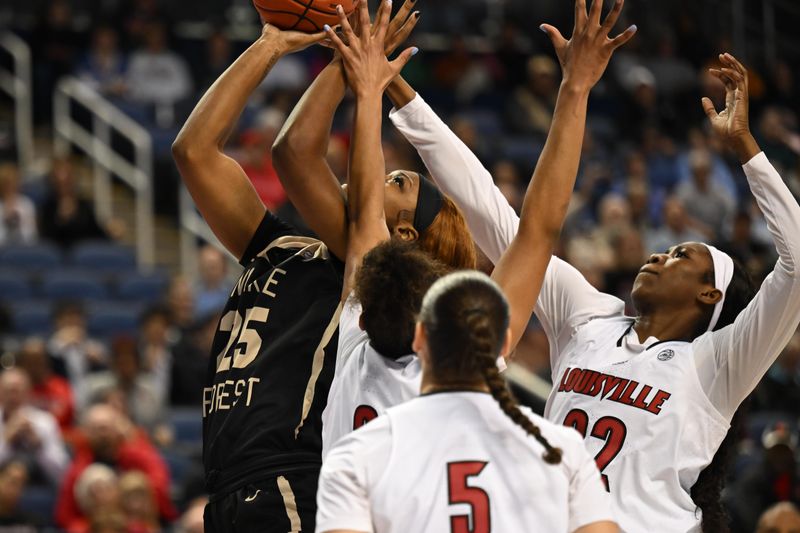 Mar 3, 2023; Greensboro, NC, USA; Wake Forest Demon Deacons forward Demeara Hinds (25) shoots underneath during the first half at Greensboro Coliseum. Mandatory Credit: William Howard-USA TODAY Sports