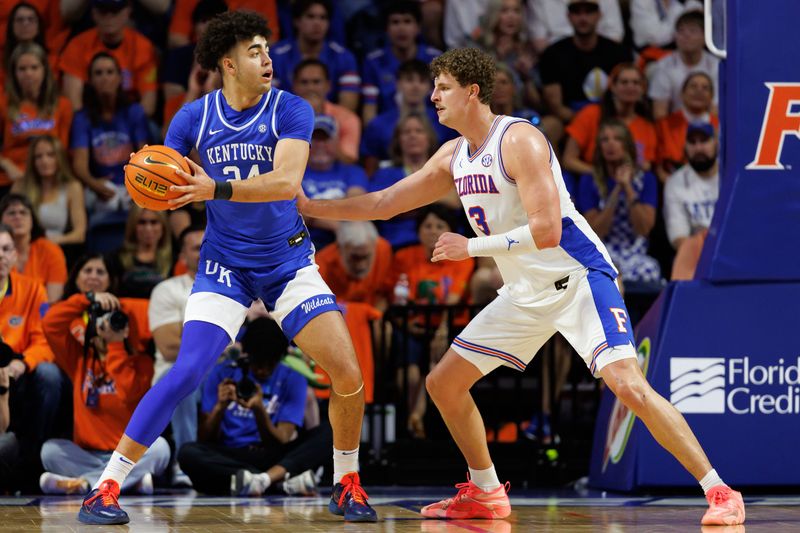 Feb 14, 2026; Gainesville, Florida, USA; Kentucky Wildcats center Malachi Moreno (24) posts up against Florida Gators center Micah Handlogten (3) during the second half at Exactech Arena at the Stephen C. O'Connell Center. Mandatory Credit: Matt Pendleton-Imagn Images