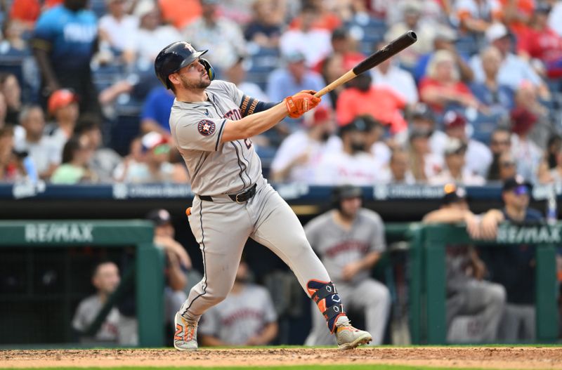 Aug 28, 2024; Philadelphia, Pennsylvania, USA; Houston Astros outfielder Chas McCormick (20) hits a two-run home run against the Philadelphia Phillies in the eighth inning at Citizens Bank Park. Mandatory Credit: Kyle Ross-USA TODAY Sports