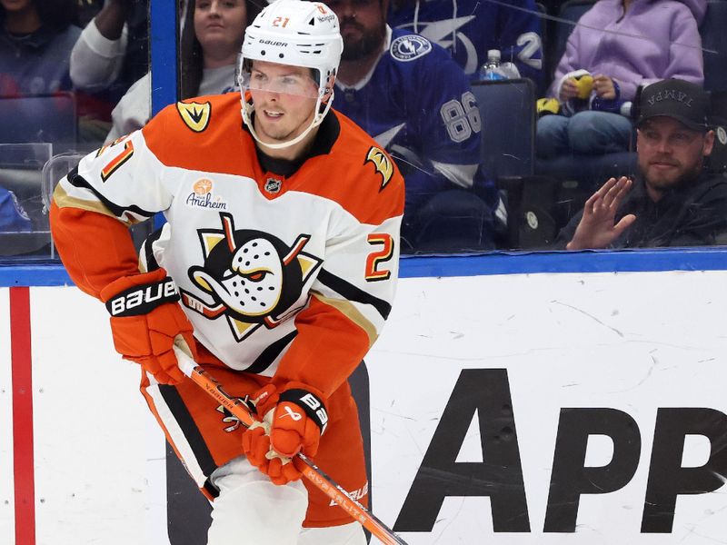 Jan 16, 2025; Tampa, Florida, USA; Anaheim Ducks defenseman Jackson LaCombe (2) looks on against the Tampa Bay Lightning during the first period at Amalie Arena. Mandatory Credit: Kim Klement Neitzel-Imagn Images