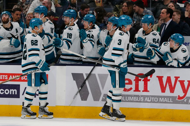 Mar 16, 2024; Columbus, Ohio, USA; San Jose Sharks defenseman Henry Thrun (3) celebrates his goal against the Columbus Blue Jackets during the third period at Nationwide Arena. Mandatory Credit: Russell LaBounty-USA TODAY Sports