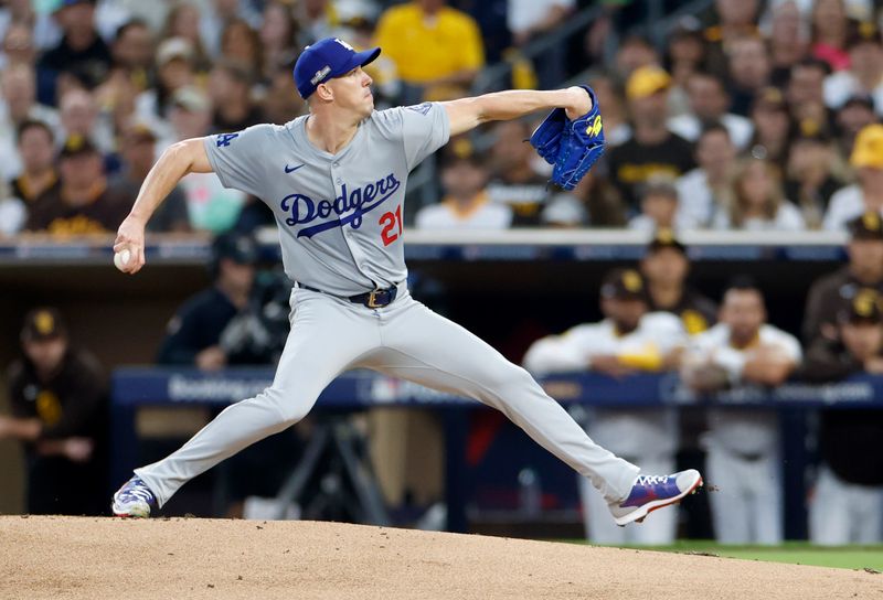 Oct 8, 2024; San Diego, California, USA; Los Angeles Dodgers pitcher Walker Buehler (21) throws in the first inning against the San Diego Padres during game three of the NLDS for the 2024 MLB Playoffs at Petco Park. Mandatory Credit: David Frerker-Imagn Images