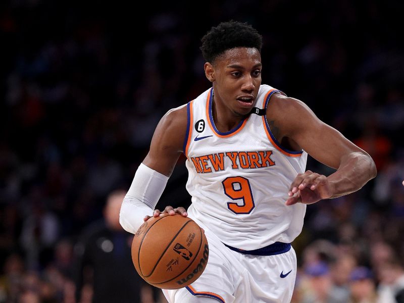 NEW YORK, NEW YORK - APRIL 09:  RJ Barrett #9 of the New York Knicks drives to the net in the second half against the Indiana Pacers at Madison Square Garden on April 09, 2023 in New York City. NOTE TO USER: User expressly acknowledges and agrees that, by downloading and or using this photograph, User is consenting to the terms and conditions of the Getty Images License Agreement. (Photo by Elsa/Getty Images)