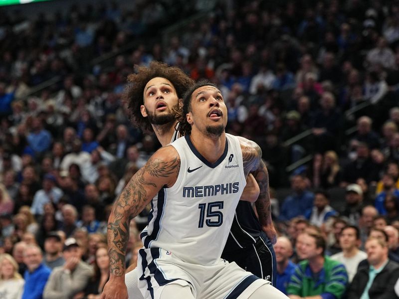 DALLAS, TX - DECEMBER 3: Brandon Clarke #15 of the Memphis Grizzlies boxes out during the game against the Dallas Mavericks during a Emirates NBA Cup game on December 3, 2024 at American Airlines Center in Dallas, Texas. NOTE TO USER: User expressly acknowledges and agrees that, by downloading and or using this photograph, User is consenting to the terms and conditions of the Getty Images License Agreement. Mandatory Copyright Notice: Copyright 2024 NBAE (Photo by Glenn James/NBAE via Getty Images)