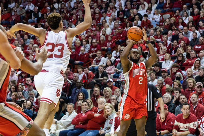 Jan 28, 2023; Bloomington, Indiana, USA; Ohio State Buckeyes guard Bruce Thornton (2) shoots the ball while Indiana Hoosiers forward Trayce Jackson-Davis (23) defends in the second half at Simon Skjodt Assembly Hall. Mandatory Credit: Trevor Ruszkowski-USA TODAY Sports